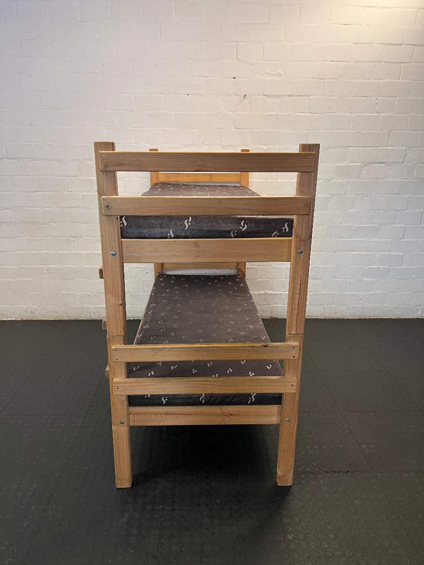 Oak-Coloured Wooden Bunk Bed with Ladder & 2 Mattresses - 2ndhandwarehouse.com