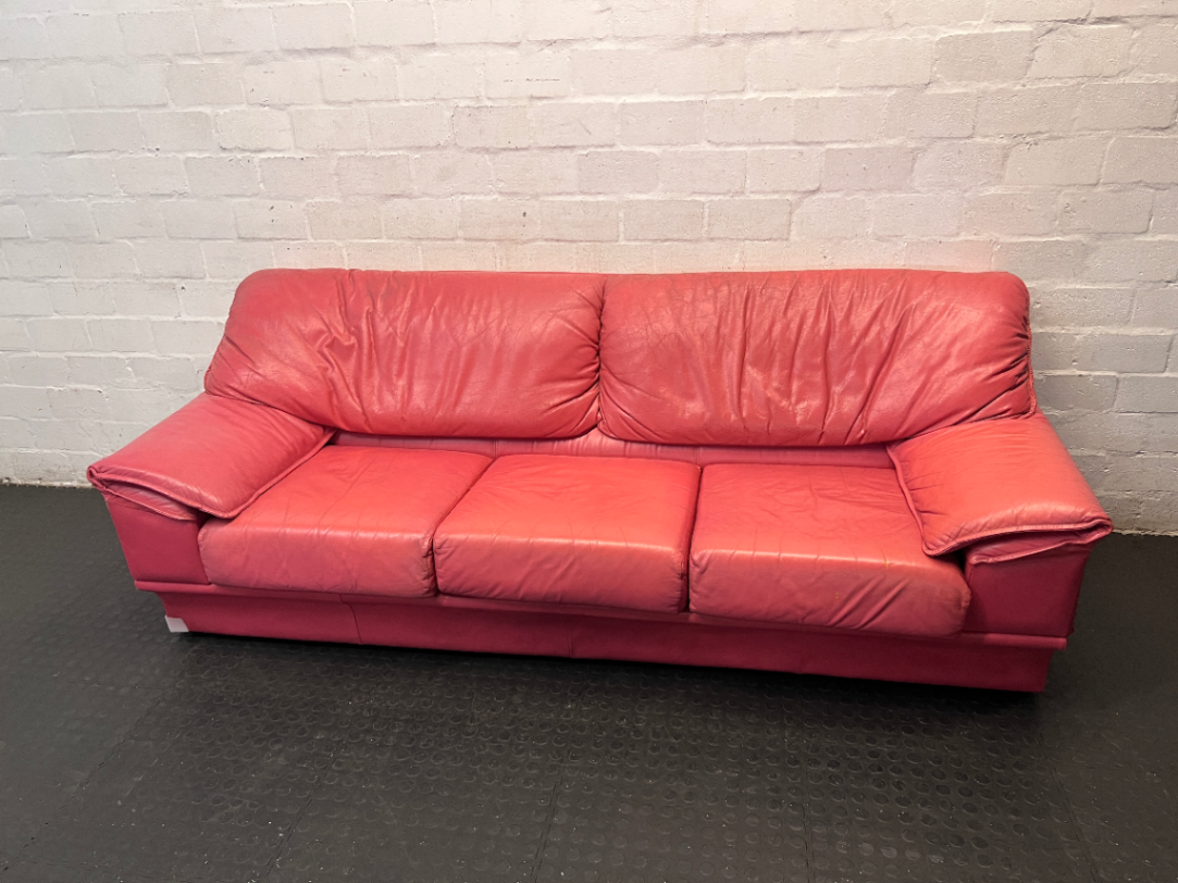 Pinkish-Red Leather 1 Seater Couch - Visible Wear - 2ndhandwarehouse.com