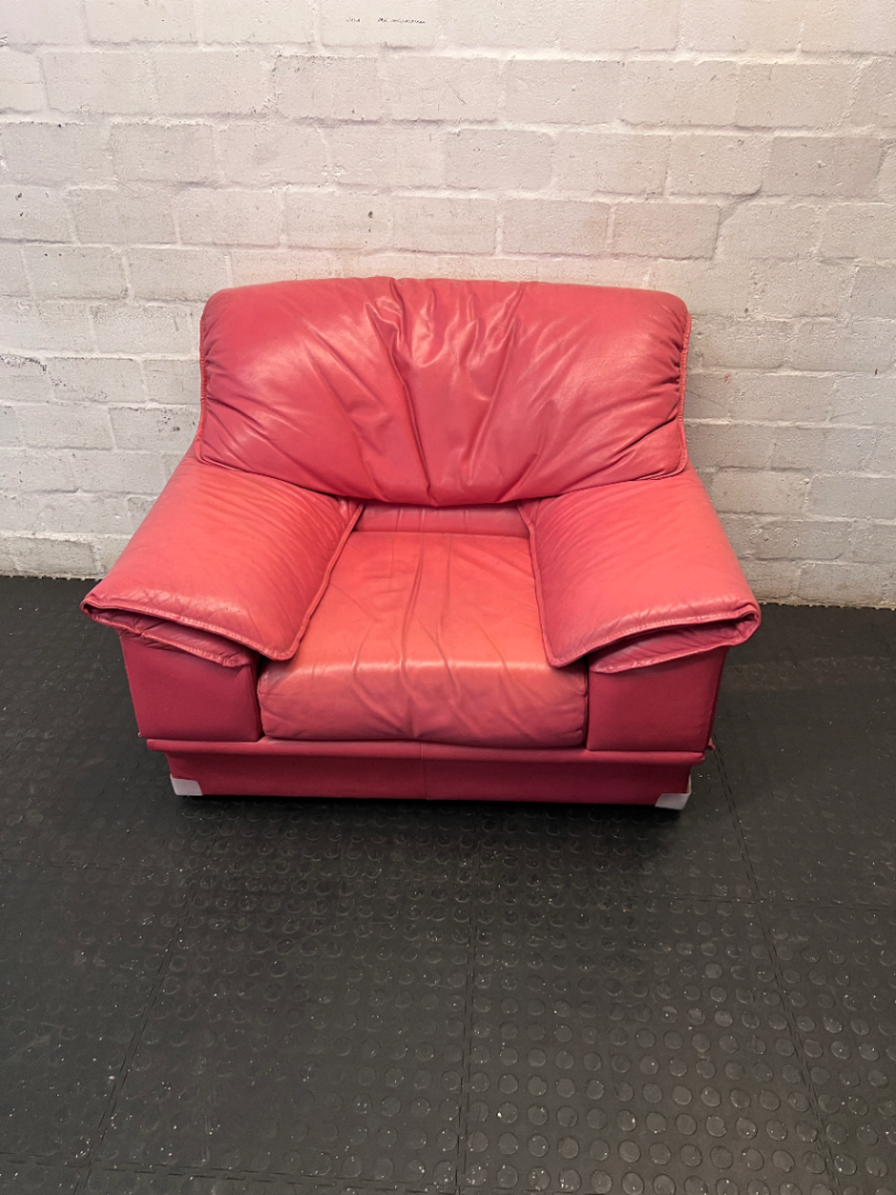 Pinkish-Red Leather 1 Seater Couch - Visible Wear - 2ndhandwarehouse.com