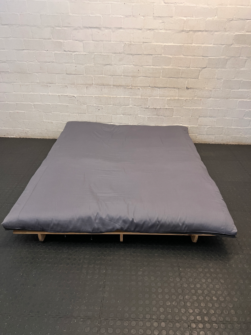 Pine Futon with Grey Cushion - Damage to Frame - 2ndhandwarehouse.com