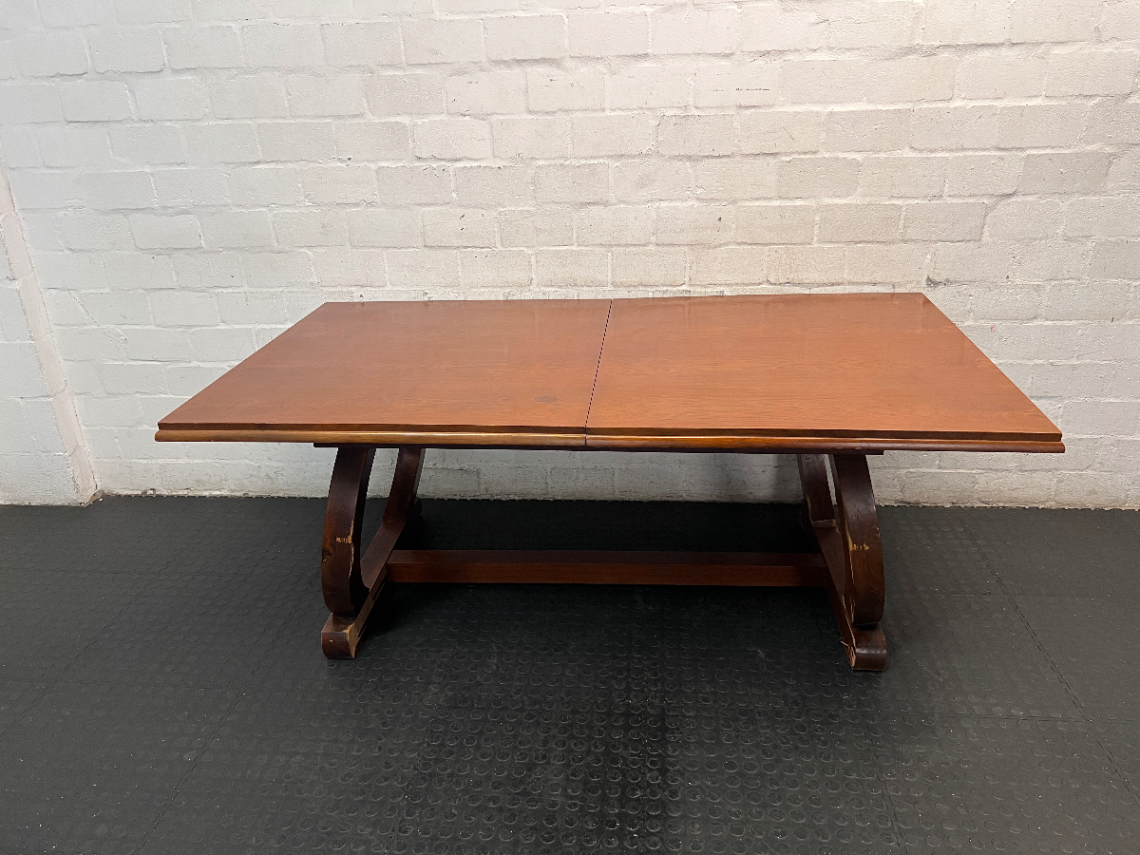 Brown Timber Dining Set with 6 Upholstered Chairs — Damaged Chair Seats and Stained Sideboard Top - 2ndhandwarehouse.com