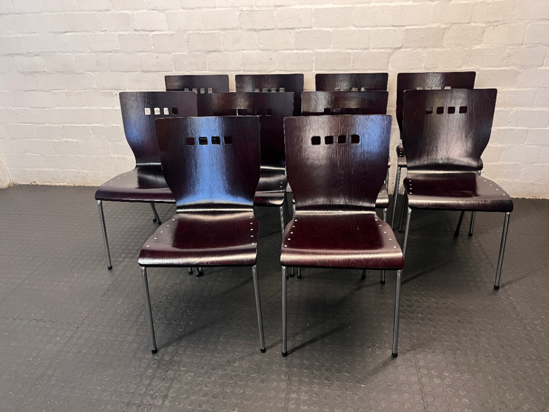 Dark Wood Veneer Dining Chair with Chrome Legs — Arm Rests Scuffed - 2ndhandwarehouse.com