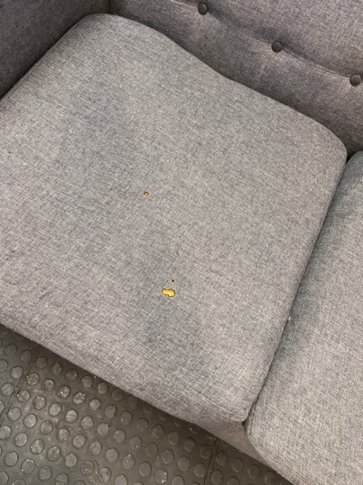 Grey Fabric Tufted L-Shape Couch — Worn Seating Cushions and Skew Feet - 2ndhandwarehouse.com