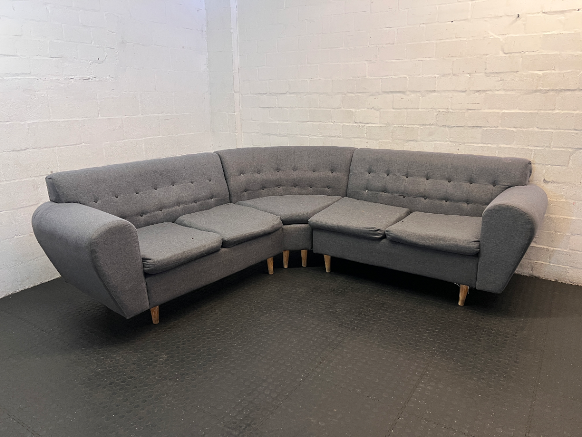 Grey Fabric Tufted L-Shape Couch — Worn Seating Cushions and Skew Feet - 2ndhandwarehouse.com