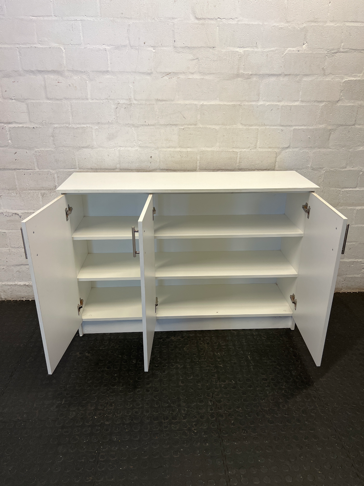 Modern 3-Door White Storage Cupboard with Silver Handles - 2ndhandwarehouse.com