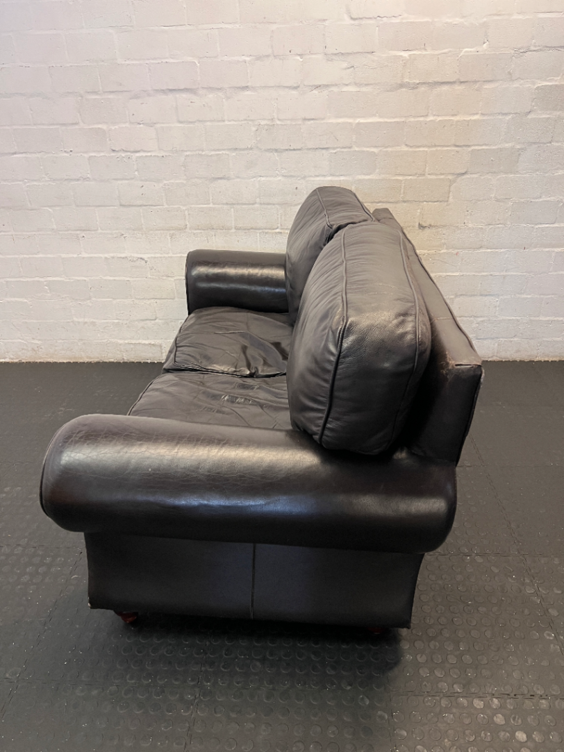 Black Genuine Leather 3-Seater Couch - Visible Leather Wear - 2ndhandwarehouse.com
