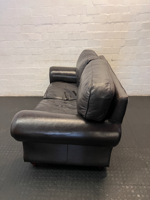 Black Genuine Leather 3-Seater Couch - Visible Leather Wear - 2ndhandwarehouse.com