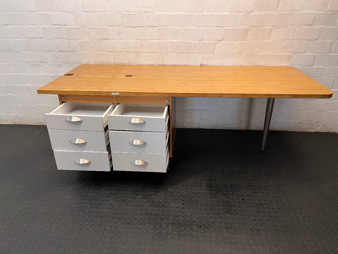 Modern Light Wood Office Desk with 6-Drawer Pedestal - 2ndhandwarehouse.com