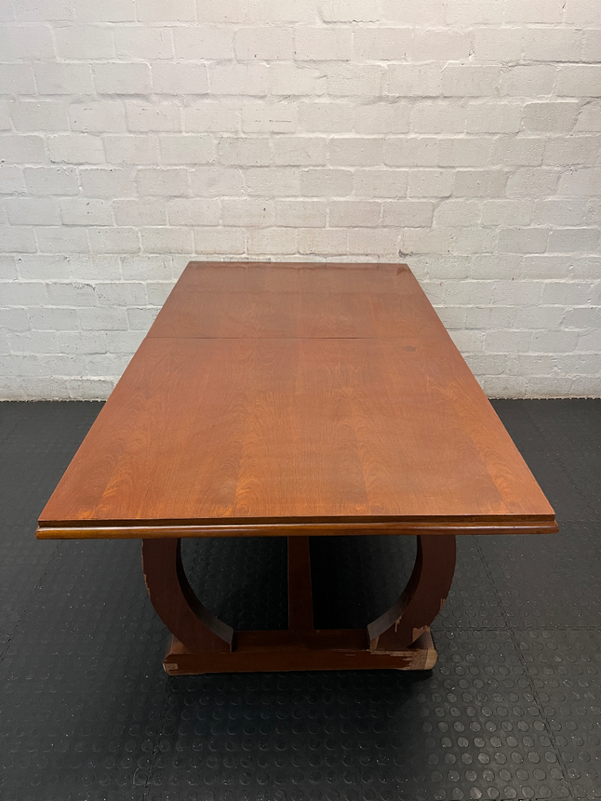 Brown Timber Dining Set with 6 Upholstered Chairs — Damaged Chair Seats and Stained Sideboard Top - 2ndhandwarehouse.com