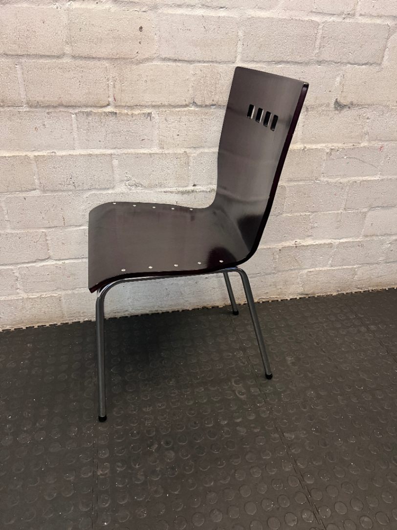 Dark Wood Veneer Dining Chair with Chrome Legs — Arm Rests Scuffed - 2ndhandwarehouse.com