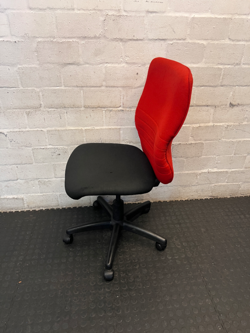 Red and Black Armless Swivel Office Chair — Scuffed Arm Rests - 2ndhandwarehouse.com