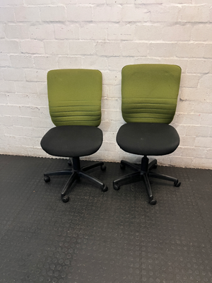 Two-Tone Green and Black Armless Swivel Office Chair — Scuffed Armrests and Well Used Condition - 2ndhandwarehouse.com