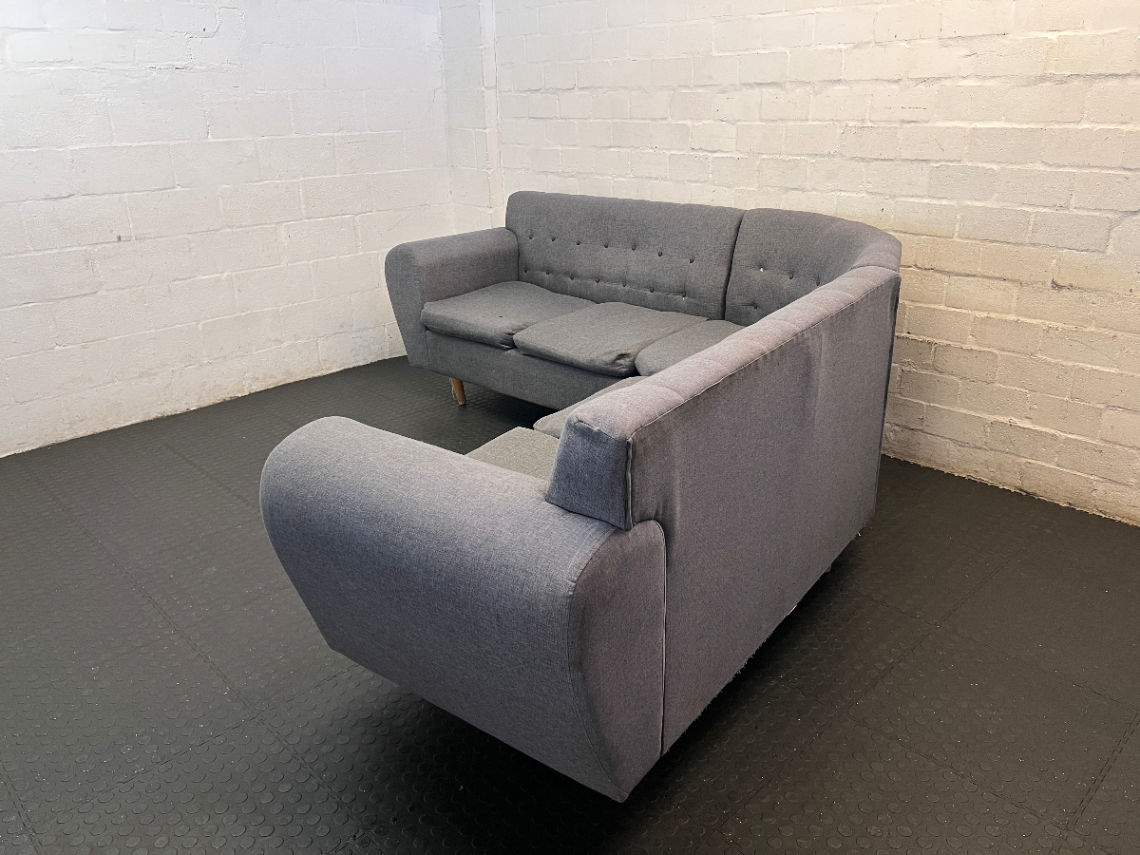 Grey Fabric Tufted L-Shape Couch — Worn Seating Cushions and Skew Feet - 2ndhandwarehouse.com