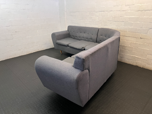 Grey Fabric Tufted L-Shape Couch — Worn Seating Cushions and Skew Feet - 2ndhandwarehouse.com