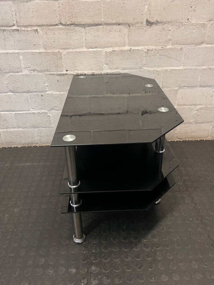 Black Glass 3-Tier TV Unit with Chrome Legs — Clean Condition with No Visible Faults - 2ndhandwarehouse.com