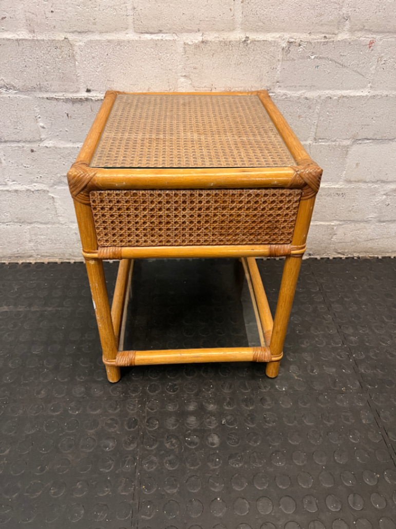Bamboo Style Side Table with Glass Shelves — Fair Condition - Missing Drawer - 2ndhandwarehouse.com