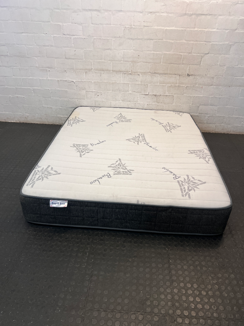 Queen Size Bamboo Motif Mattress with Grey Side Panels — Fair Condition with Visible Staining - 2ndhandwarehouse.com