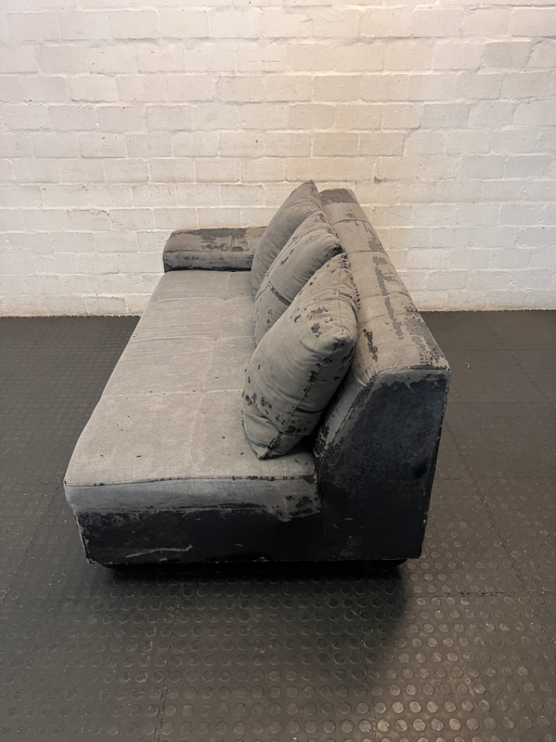 Grey Modular Sectional Couch Piece with Scatter Cushions — Damaged Condition, Requires Repolstering and Repair - 2ndhandwarehouse.com