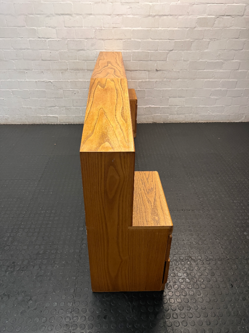 Light Oak Queen Headboard with Pedestals and Shelving — Water Damage on Dressing Table Surface - 2ndhandwarehouse.com