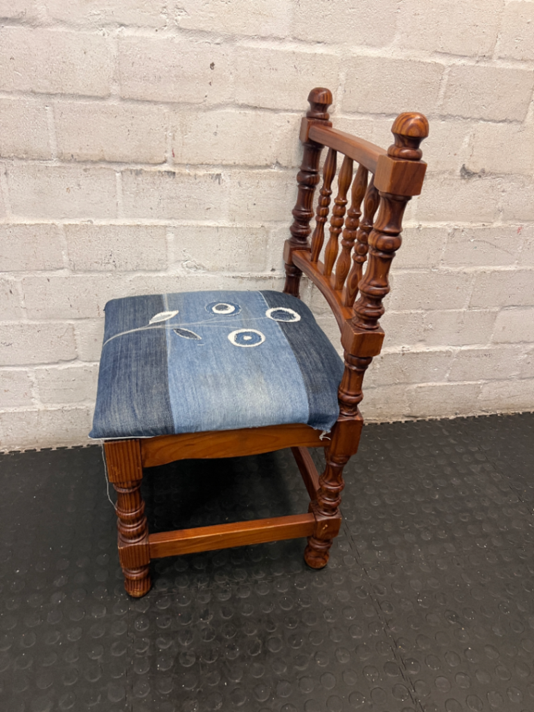 Turned Wood Dining Chair with Denim Patchwork Seat — Structural Repair Required and Altered Seat Covering - 2ndhandwarehouse.com