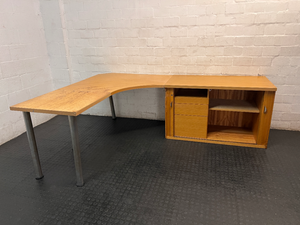 Light Oak L-Shaped Office Desk with Roller Shutter Credenza — Good Working Order with Water Damage on Surface - 2ndhandwarehouse.com