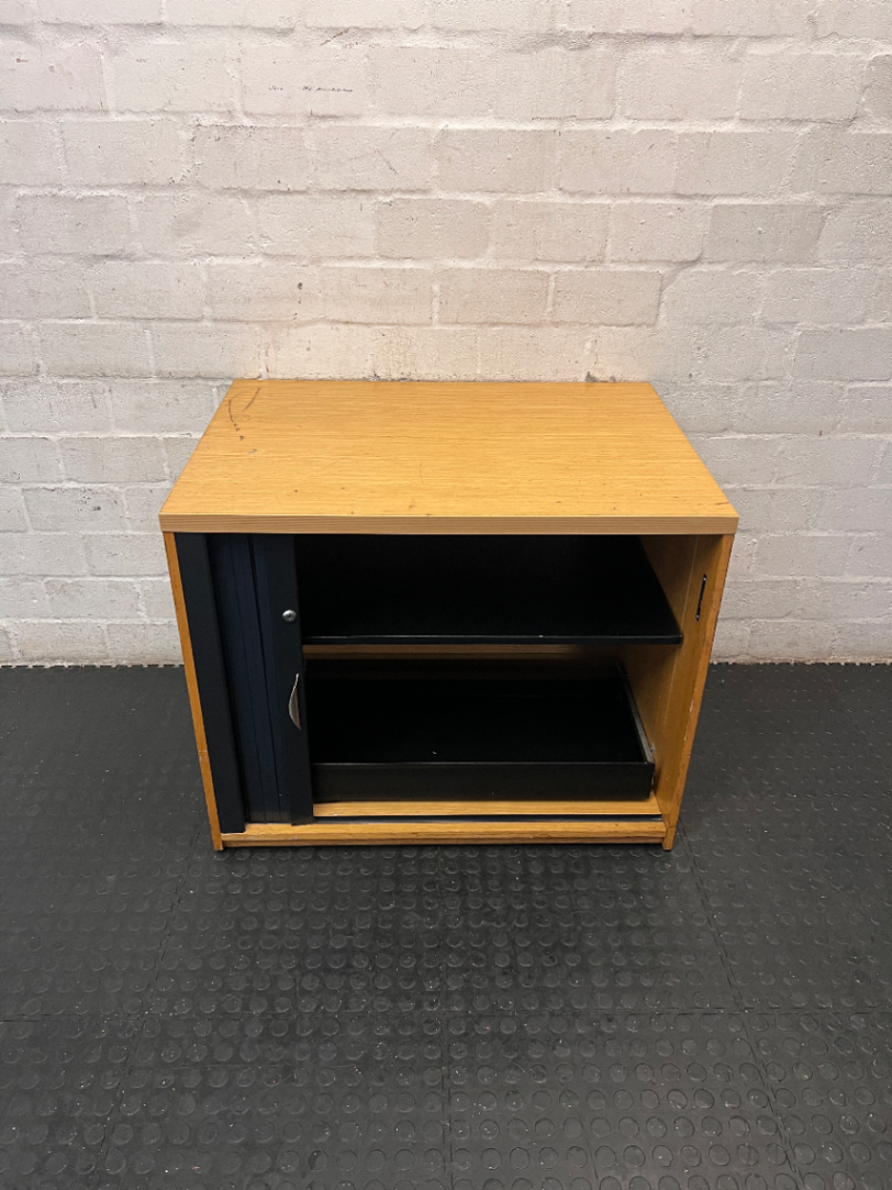 Wood Finish Office Credenza with Black Tambour Door — Good Working Order - 2ndhandwarehouse.com