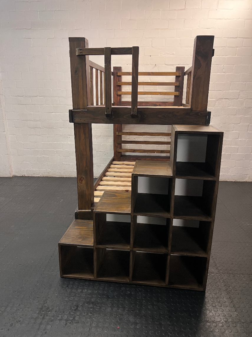 Dark Stained Pine 3/4 Bunk Bed with Storage Steps — Requires Disassembly and Assembly - 2ndhandwarehouse.com