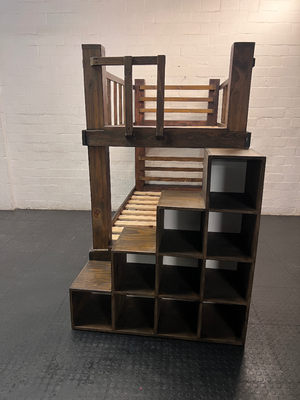 Dark Stained Pine 3/4 Bunk Bed with Storage Steps — Requires Disassembly and Assembly - 2ndhandwarehouse.com