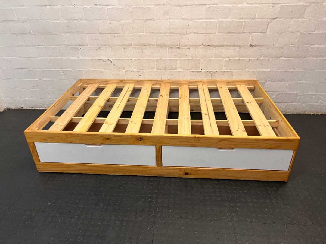 Single Wooden Bed Frame with White Storage Drawers — Good Condition with Minor Dust - 2ndhandwarehouse.com