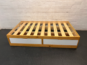 Single Wooden Bed Frame with White Storage Drawers — Good Condition with Minor Dust - 2ndhandwarehouse.com