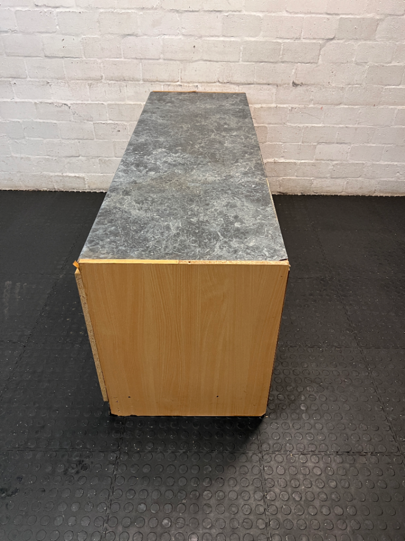 Grey Marble-Effect Top Office Desk with Side Cupboards — Backing Loose and Fragile Structure - 2ndhandwarehouse.com
