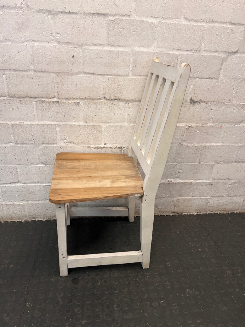 Two-Tone Pine Dining Chair with White Slatted Back — Visible Paint Wear and Surface M - 2ndhandwarehouse.com