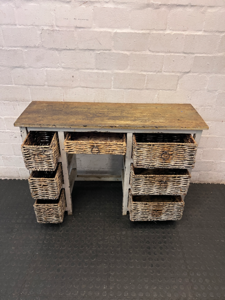 Distressed White Sideboard with Wicker Basket Drawers — Average Condition with Surface W - 2ndhandwarehouse.com