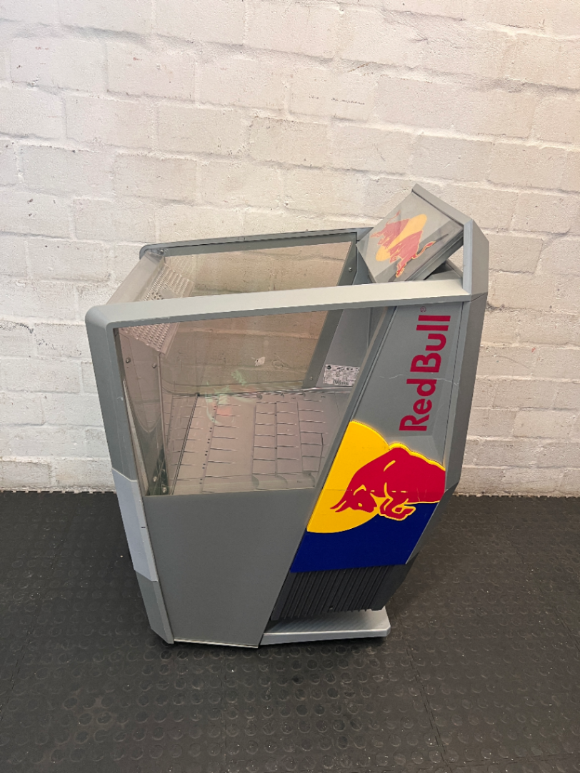 Red Bull Branded Silver Floor Standing Display Fridge — Functional with Audible Noise During O - 2ndhandwarehouse.com