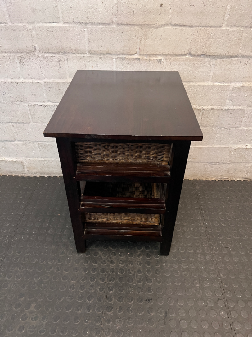 Dark Wood Bedside Pedestal with Wicker Baskets - 2ndhandwarehouse.com