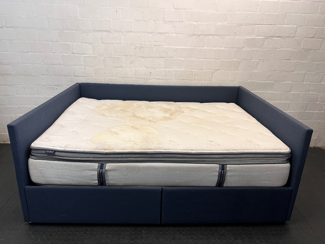 Navy Blue Upholstered Double Daybed with Mattress — Fair Used Condition with Mattress Staining