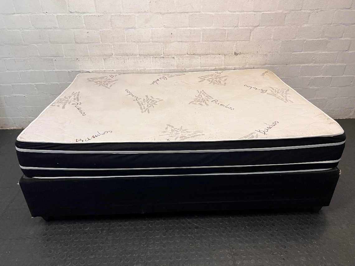 Bamboo Patterned Mattress and Base Set — Fair Condition with Visible Surface Marks