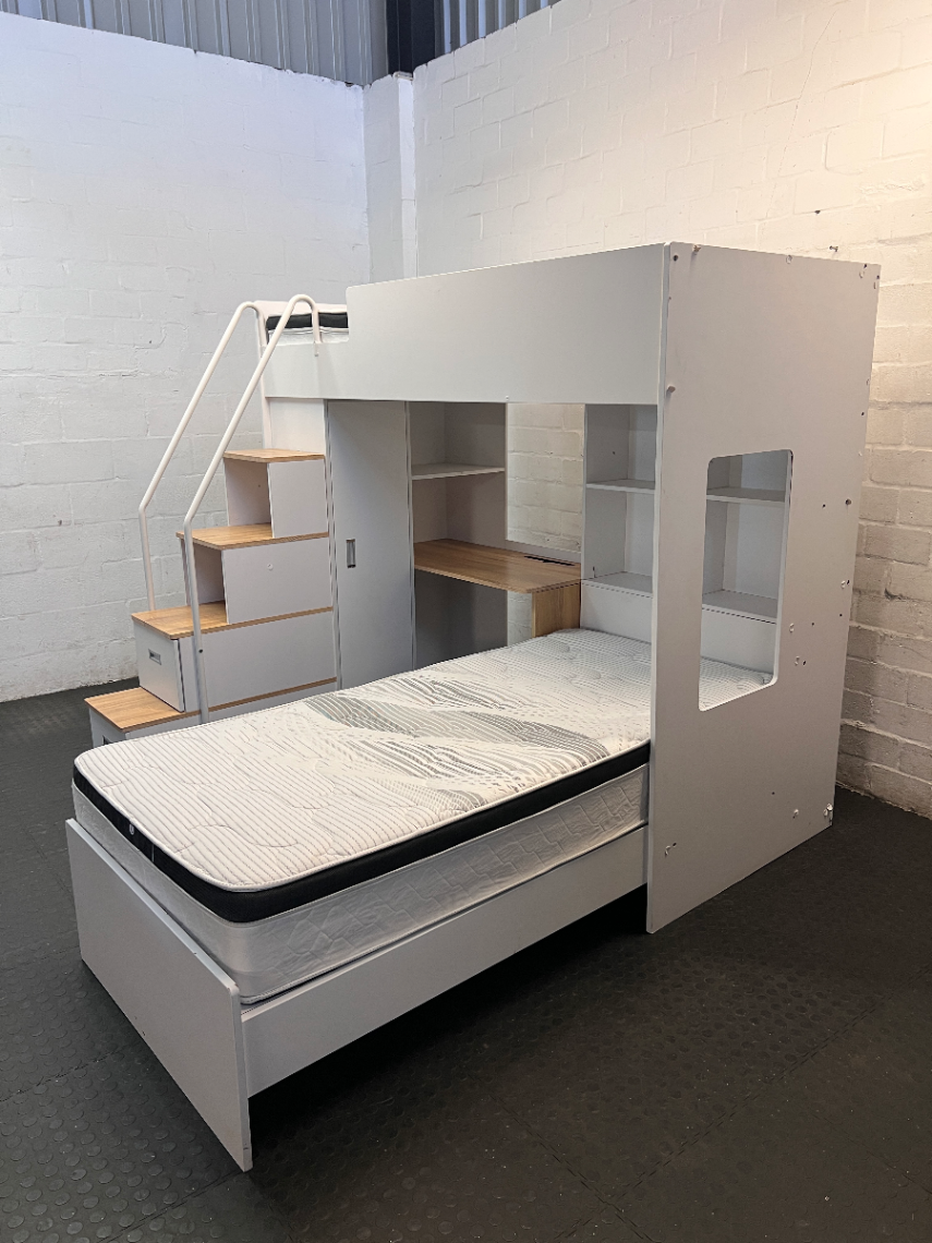 White L-Shaped Bunk Bed with Desk and Storage Cupboard — Good Condition