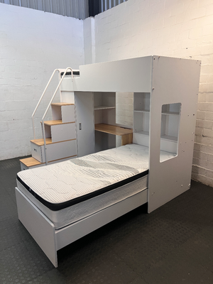White L-Shaped Bunk Bed with Desk and Storage Cupboard — Good Condition