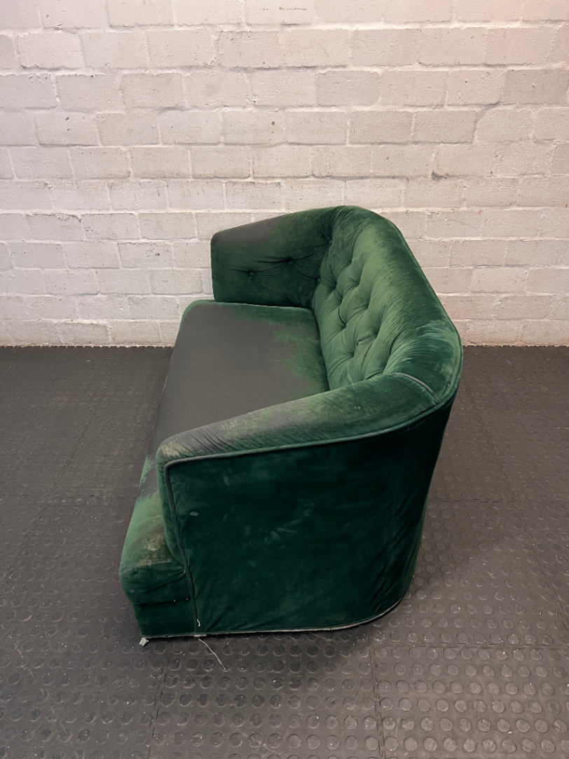 Tufted Green Velvet-Look 2 Seater Couch — Significant Upholstery Wear and Thinning Fabric