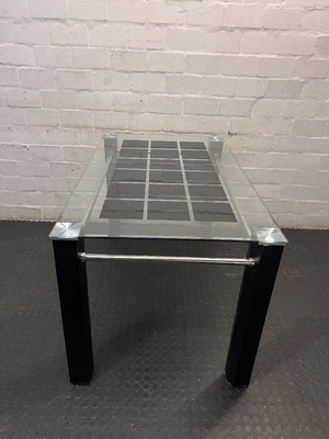 Glass Dining Table with Dark Inlay and Chrome Accents