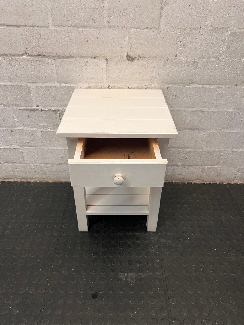 Classic White Wooden Bedside Table with Drawer and Shelf — Good Working Order