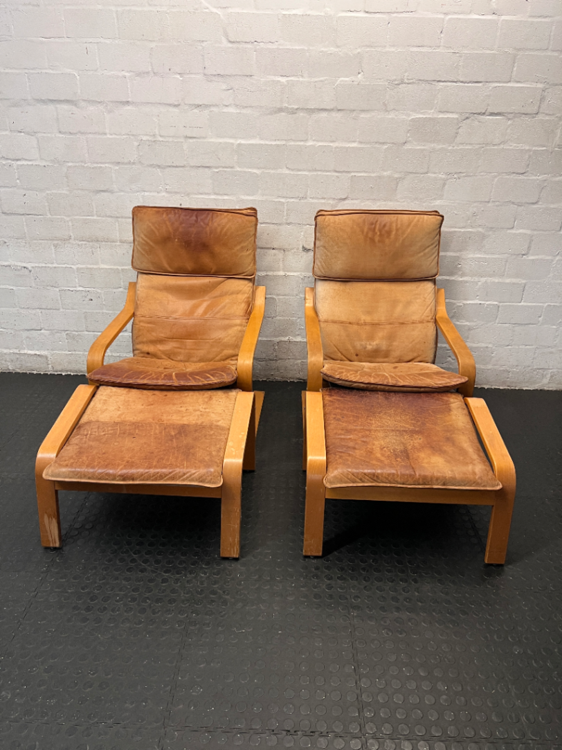 Tan Bentwood Lounge Chair and Footstool — Well Used with Significant Surface Wear