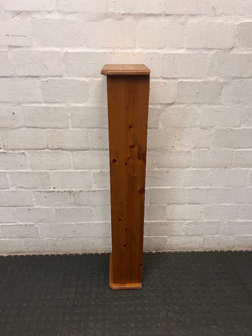 Tall Slim Pine-Finish Wooden Shelving Unit — Well Used Condition