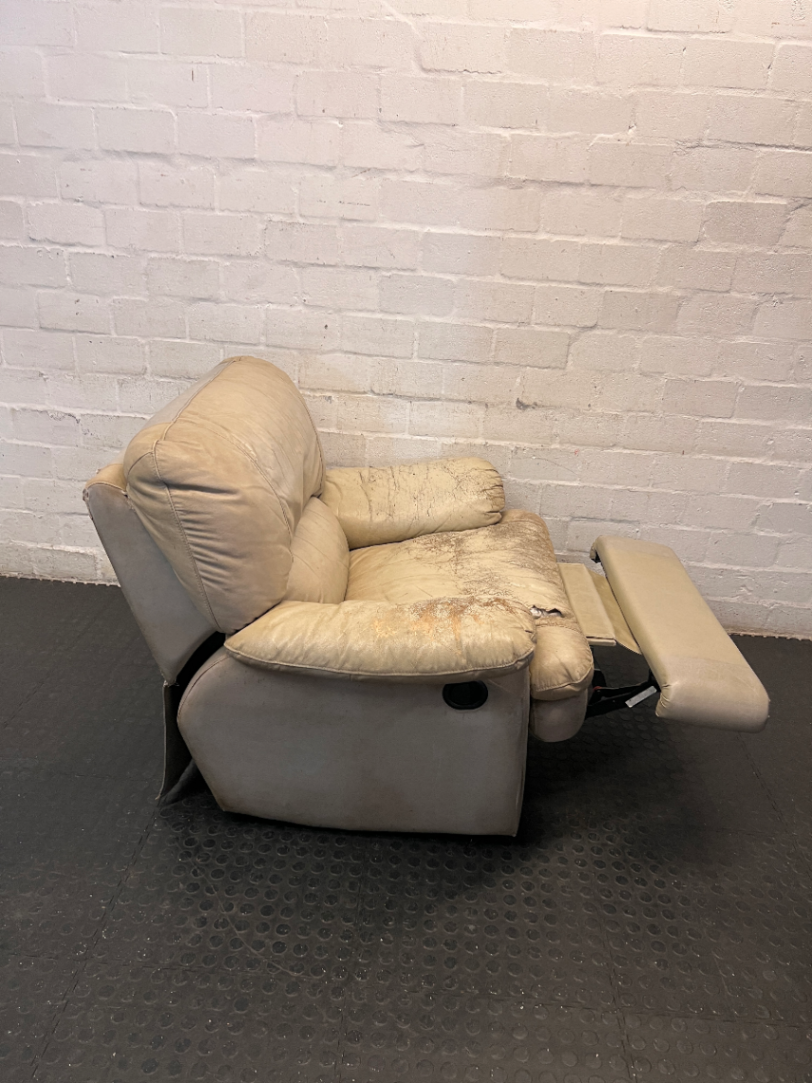 Beige Leather Recliner Armchair — Damaged Leather with Peeling and Tears