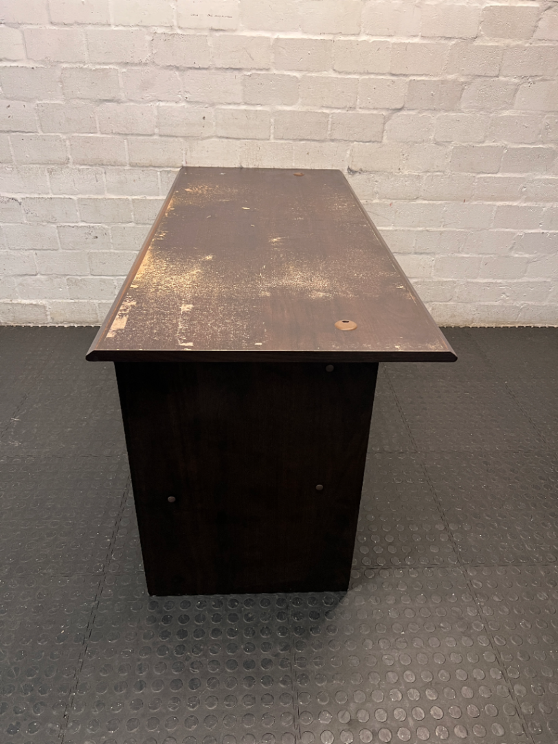 Dark Wood-Look Office Desk with 3 Drawers — Damaged Wood Surface
