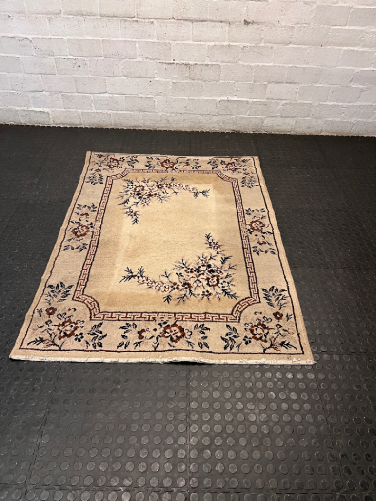 Floral Bordered Area Rug with Greek Key Detail — Well Used with Visible Fading