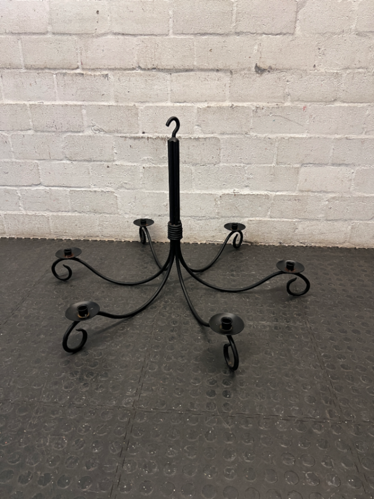 Ornate Six-Arm Metal Chandelier with Scroll Detail — Good Working Order