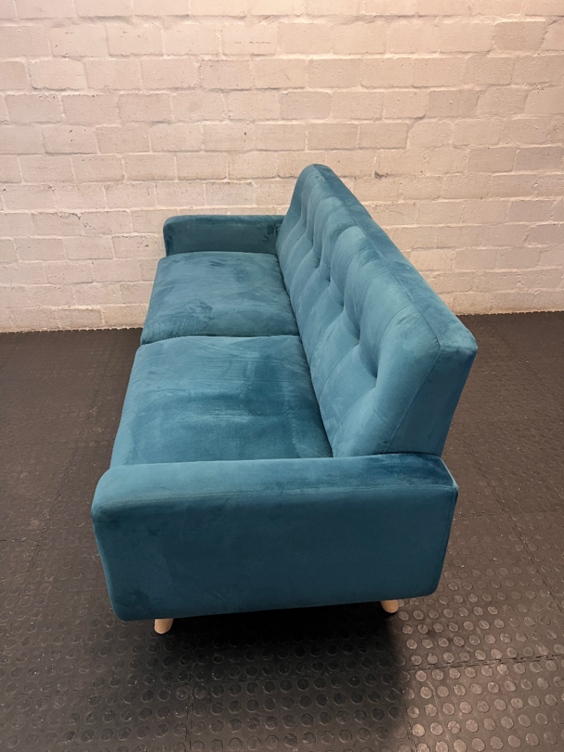 3 Seater Teal Blue Tufted Couch with Wooden Legs — Very Good Condition