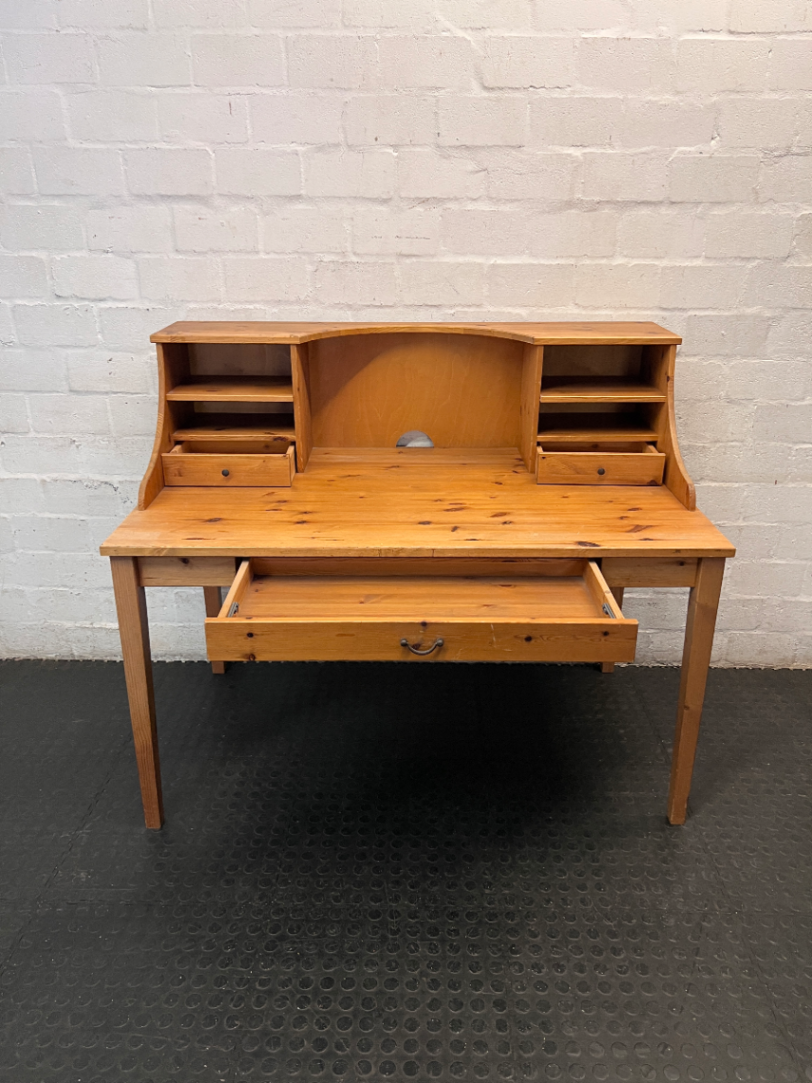 Pine Wood Office Desk with Hutch and Drawers — Fair Condition with Minor Scratches